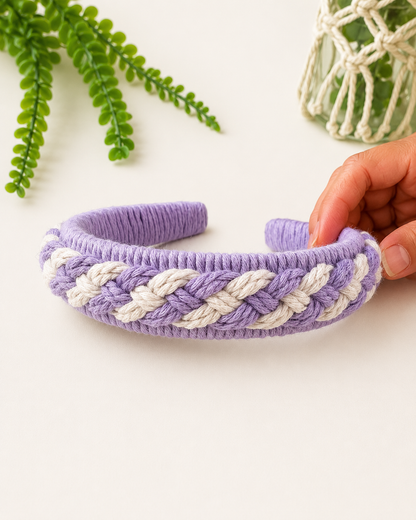 Handmade lilac and off-white braided macrame headband