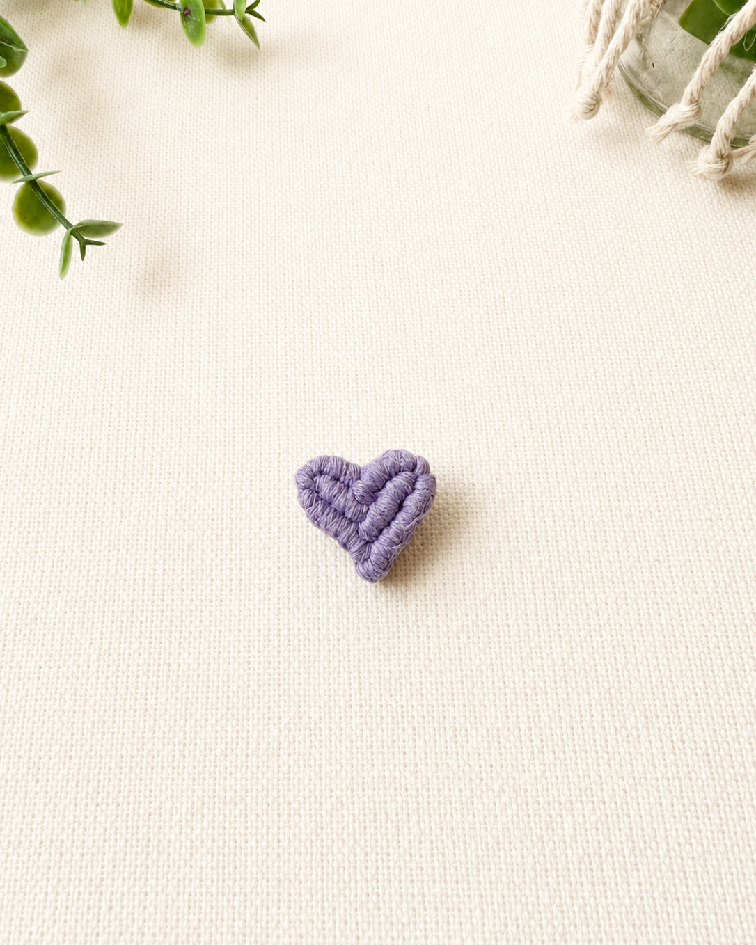 Lilac handmade macrame heart brooch