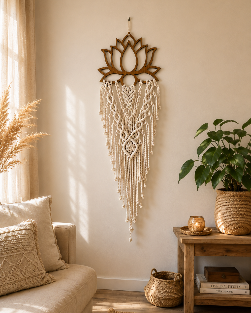 Lotus macrame wall hanging displayed in a modern boho living room with neutral décor.