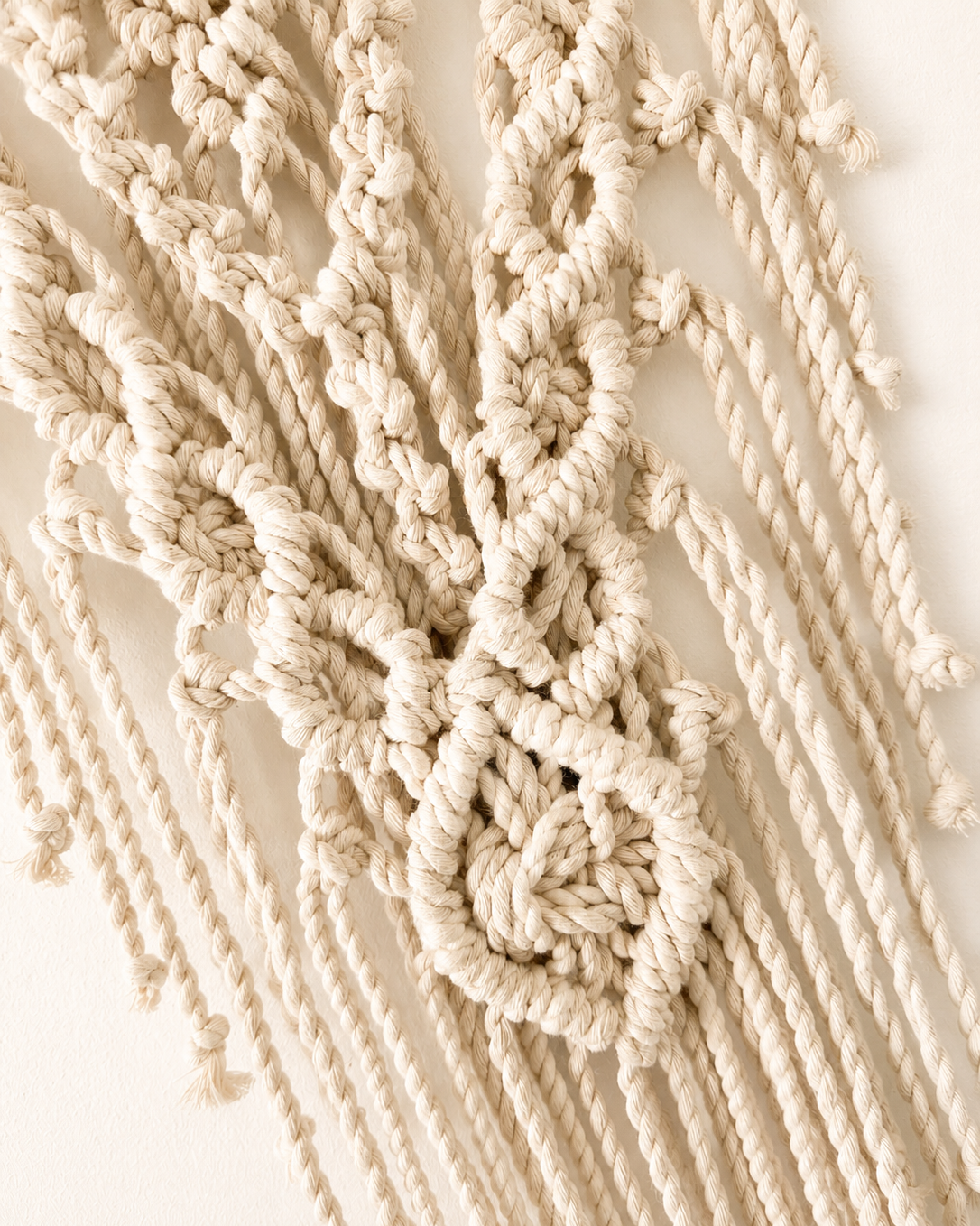 Close-up of the decorative diamond knot and fringe on the lotus macrame wall hanging.