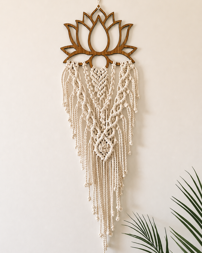 Handmade lotus macrame wall hanging in natural cotton with wooden lotus frame, boho wall décor.