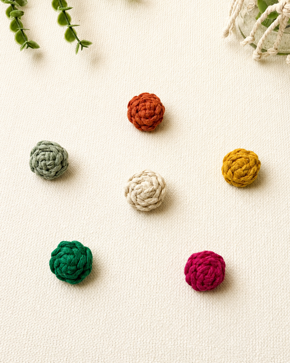 Handmade macrame button brooch colour collection in six cotton colours