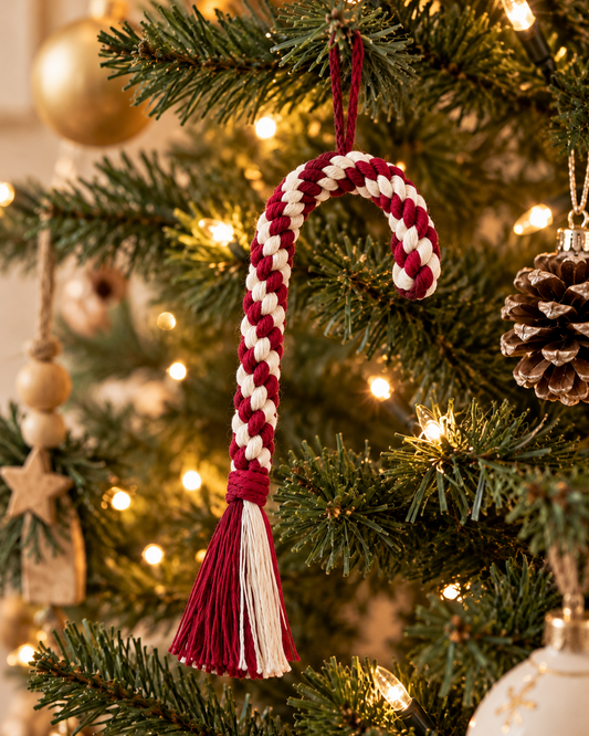 Burgundy and cream macrame candy cane ornament hanging on a Christmas tree