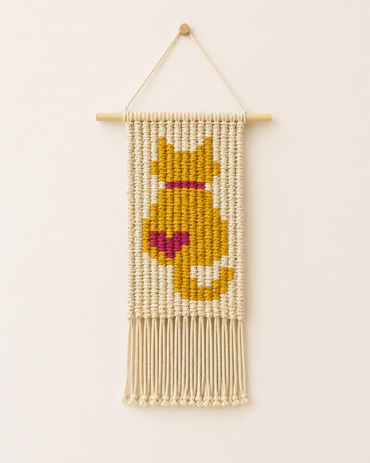 Handmade macrame cat wall hanging with mustard yellow cat design and pink heart, woven from cotton cord and displayed on a wooden dowel.