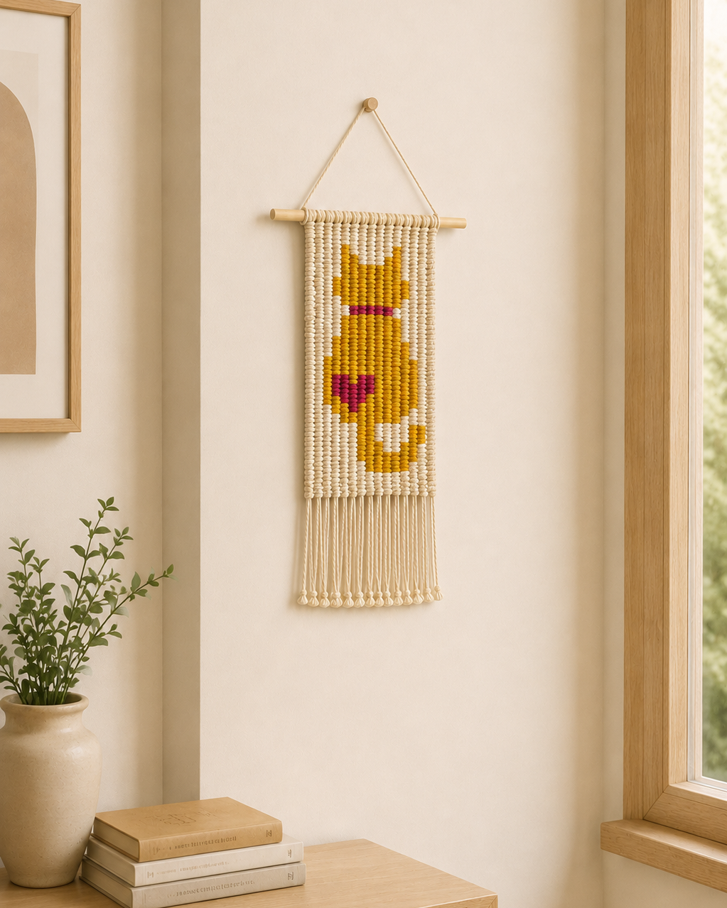 Macrame cat wall hanging displayed on a neutral wall in a cosy room, ideal for nursery decor, children's bedrooms, and boho home styling.
