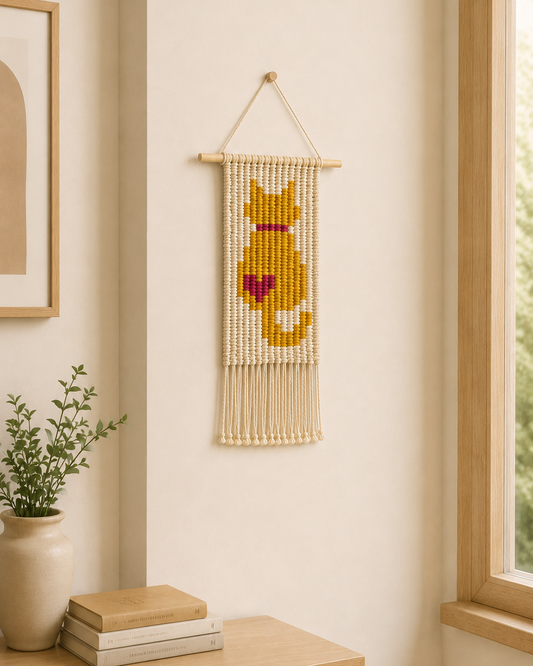 Macrame cat wall hanging displayed on a neutral wall in a cosy room, ideal for nursery decor, children's bedrooms, and boho home styling.