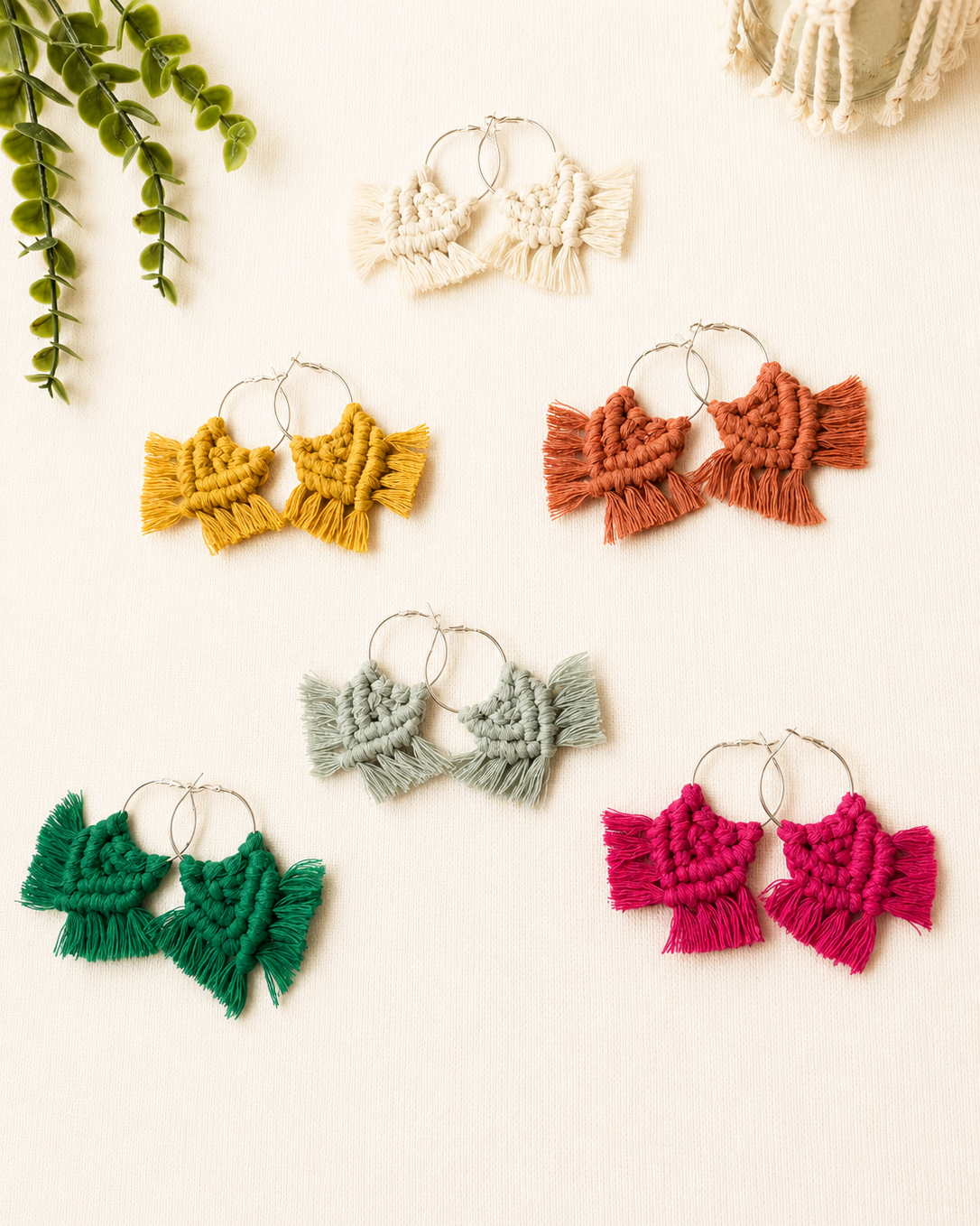Handmade macrame chevron hoop earrings collection in off white, mustard, terracotta, sage green, emerald green and hot pink.