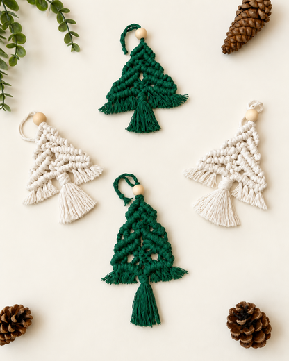 Green and white handmade macrame Christmas tree ornaments with wooden beads