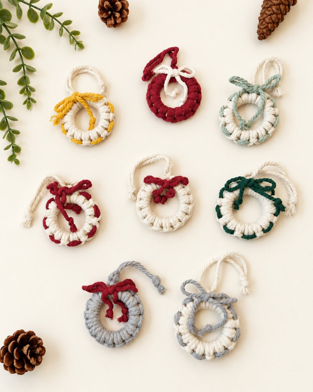 Handmade macrame Christmas wreath ornaments in assorted festive colours