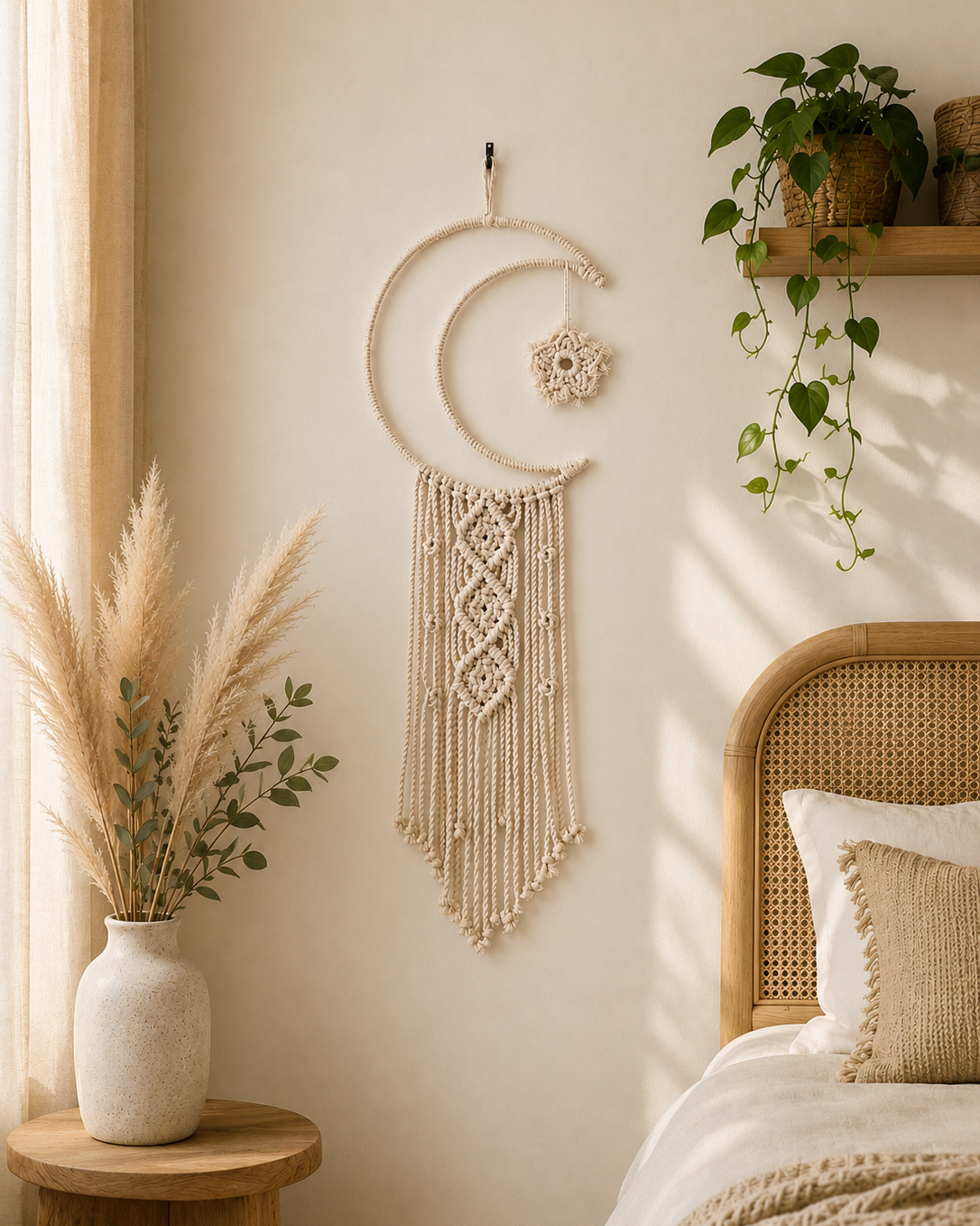Macrame crescent moon wall hanging styled in a neutral boho bedroom