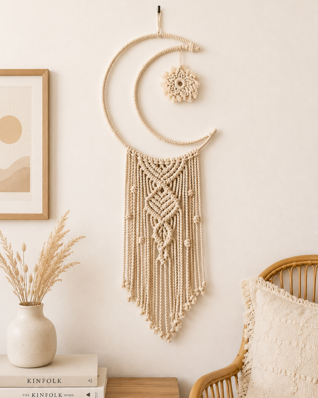 Handmade crescent moon macrame wall decor styled in a neutral boho interior