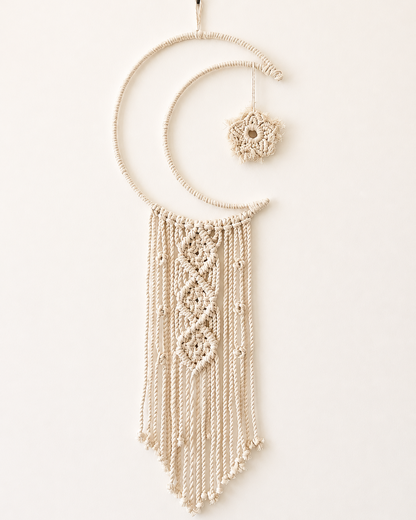Handmade macrame crescent moon wall hanging with geometric knotted design