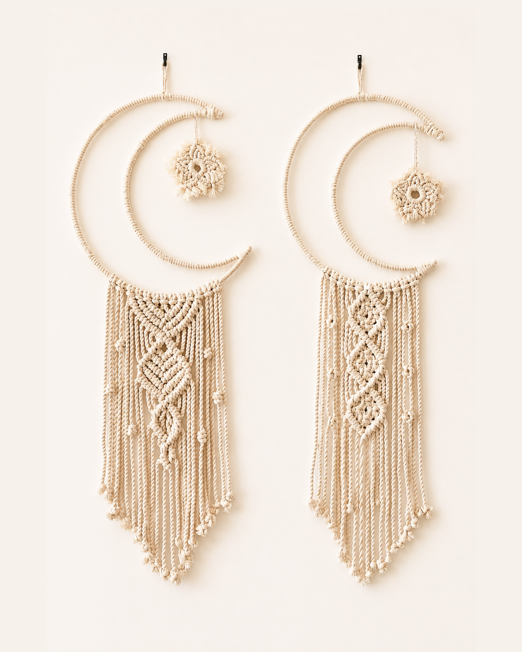 Handmade macrame crescent moon wall hangings in two styles, crafted from Egyptian cotton
