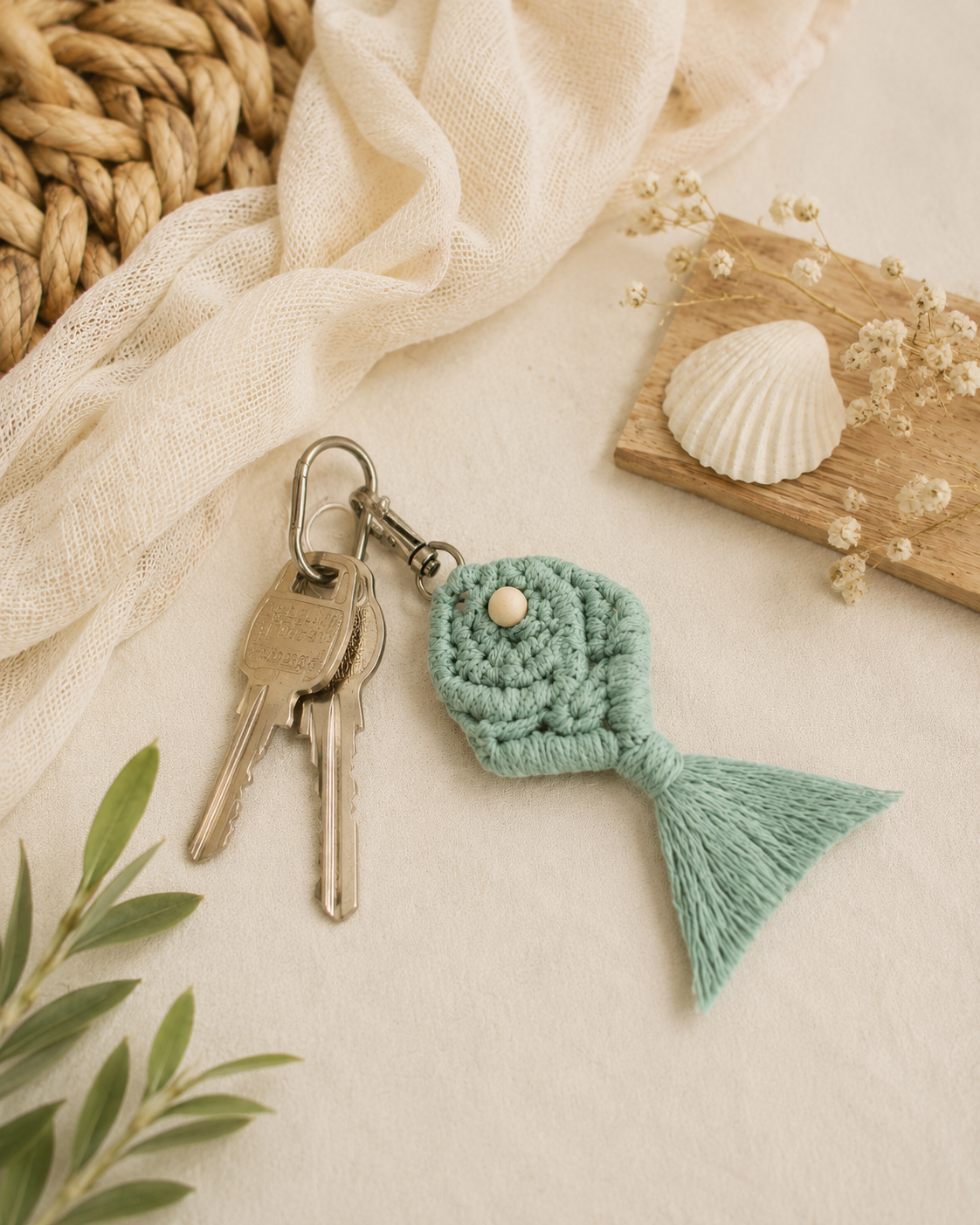 Sage green macrame fish keychain attached to metal keys, styled on a neutral boho background with soft linen and natural decor.