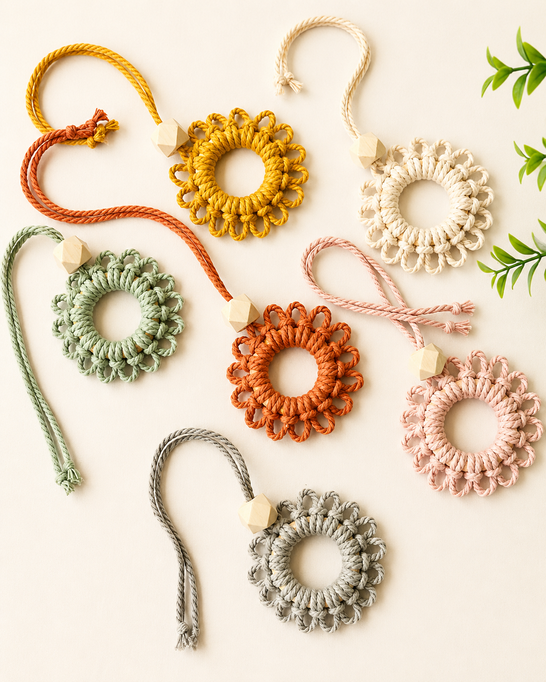 Handmade macrame flower car diffuser collection in off white, mustard, terracotta, sage green, blush pink, grey and taupe with natural wooden beads.