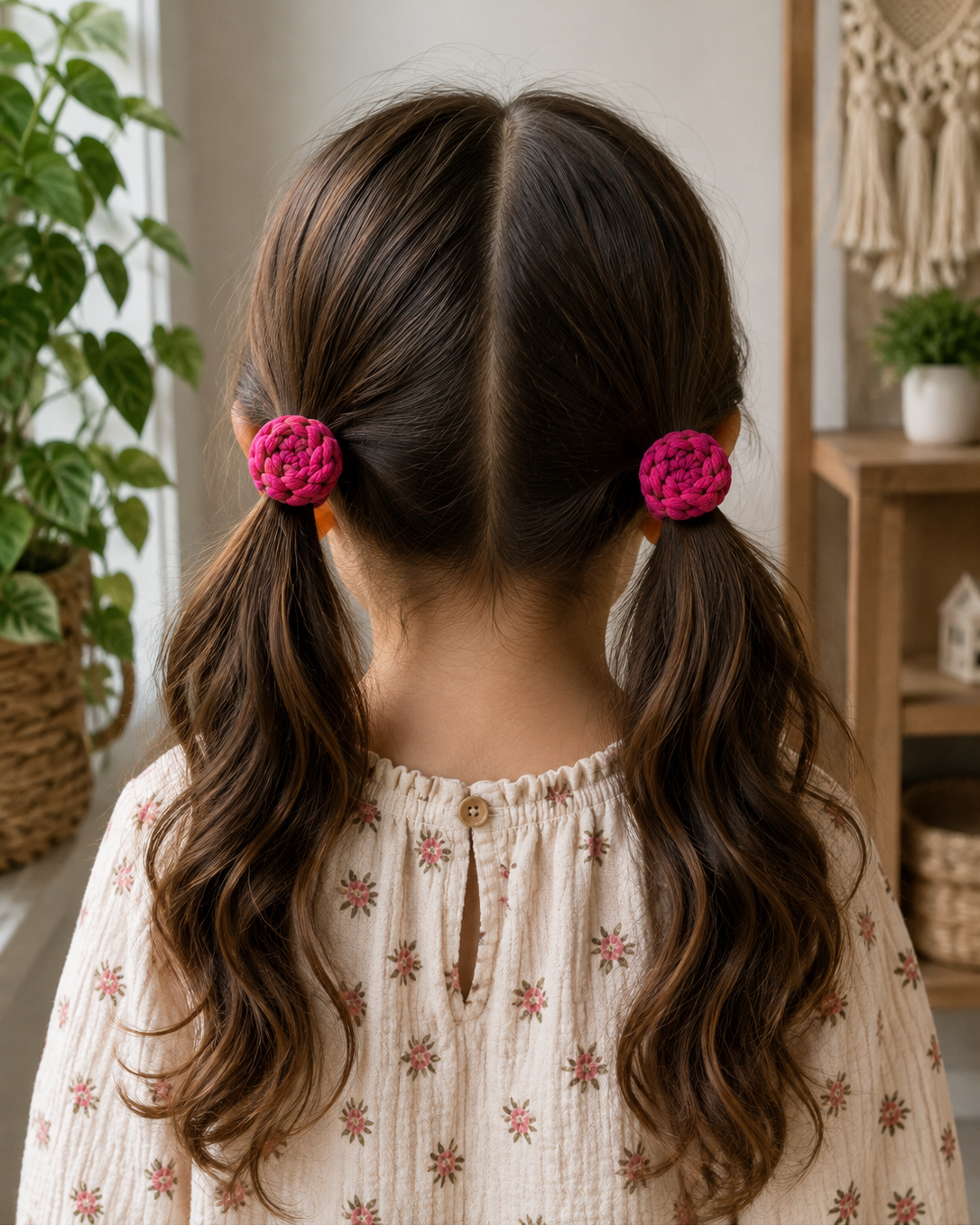 Girl wearing two low ponytails with handmade hot pink macrame flower ponytail holders, showing how the soft cotton hair ties look when worn.