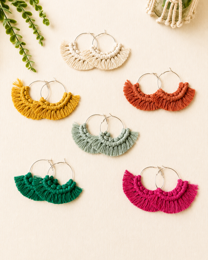 Handmade macrame fringe hoop earrings in off white, mustard, terracotta, sage, emerald green and hot pink.