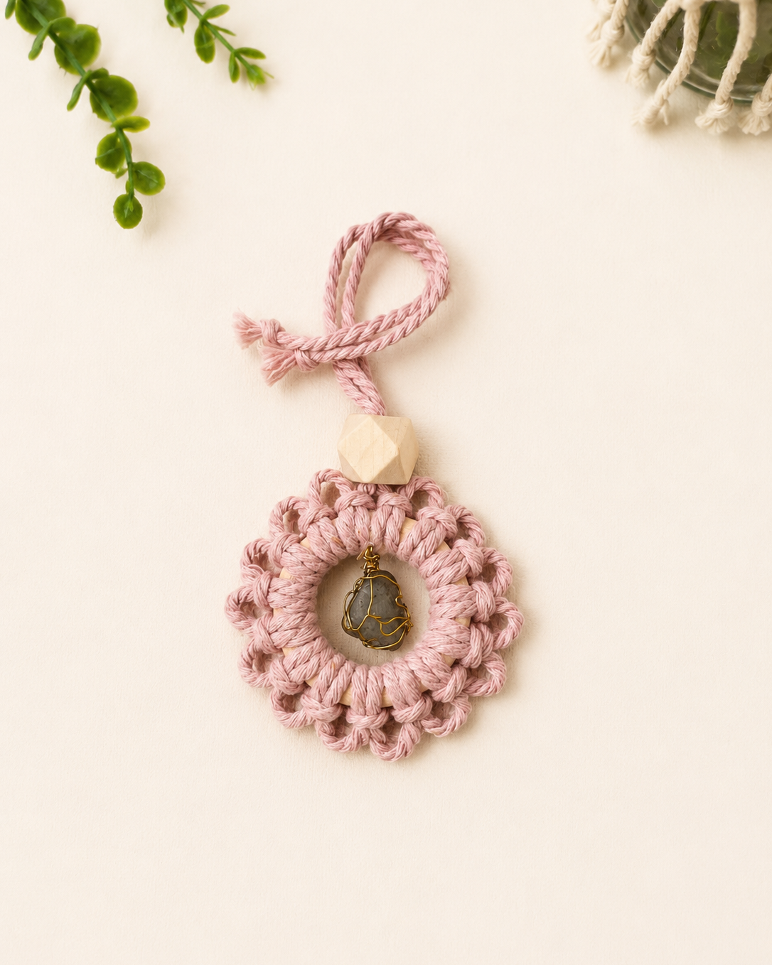Handmade blush pink macrame gemstone car charm with a natural unfinished wooden essential oil diffuser bead.