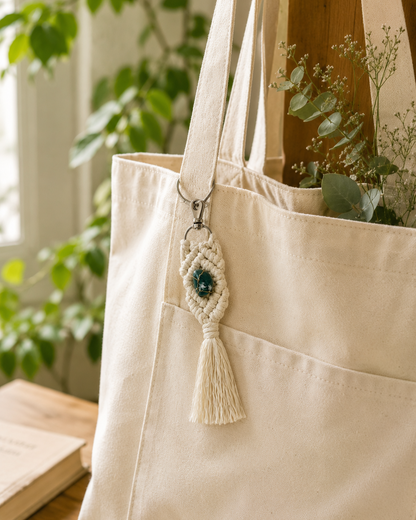 Handmade macrame gemstone keychain attached to a cream canvas tote bag as a stylish bag charm.