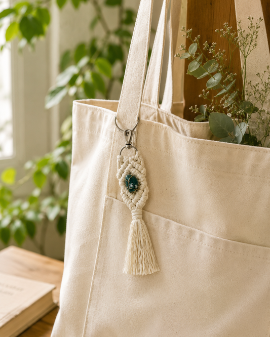 Handmade macrame gemstone keychain attached to a cream canvas tote bag as a stylish bag charm.