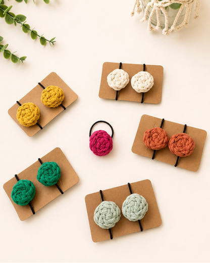 Handmade macrame cotton hair ties set in six colours including off white, mustard, terracotta, sage green, emerald green and hot pink.