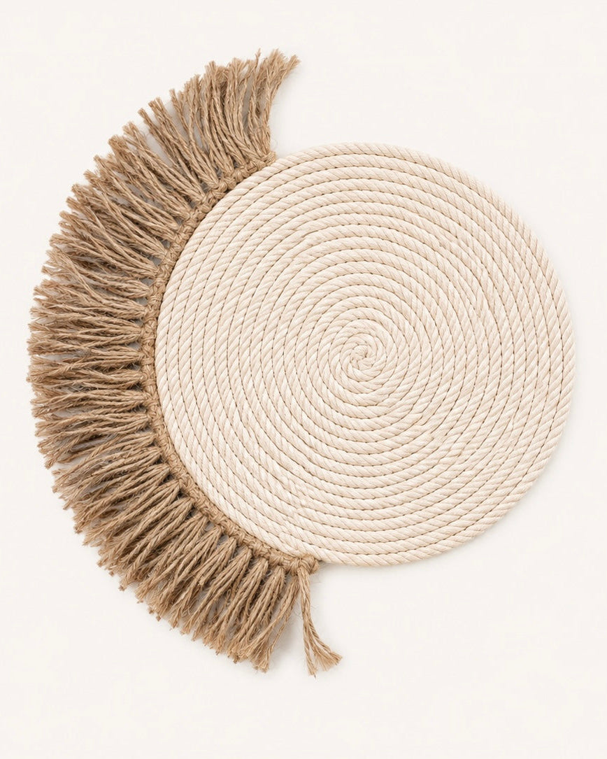 Handmade 25cm off-white macrame round wall hanging with natural jute half fringe