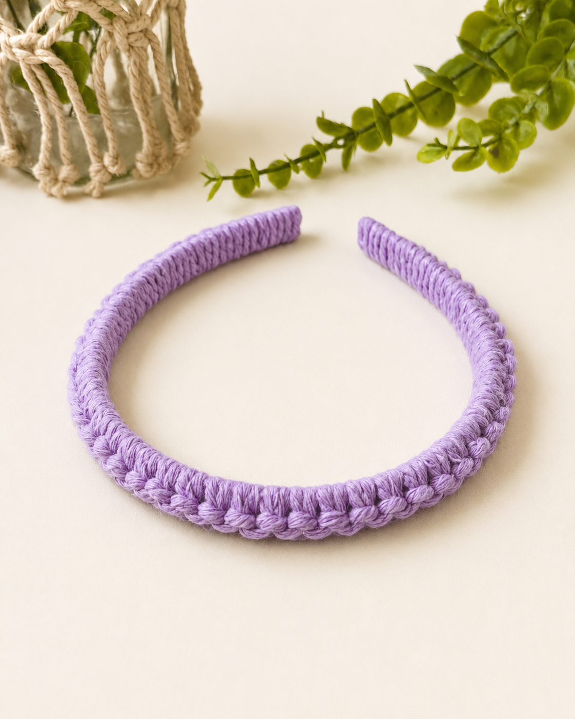 Lilac handmade macramé headband with soft cotton cord.
