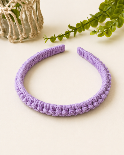 Lilac handmade macramé headband with soft cotton cord.