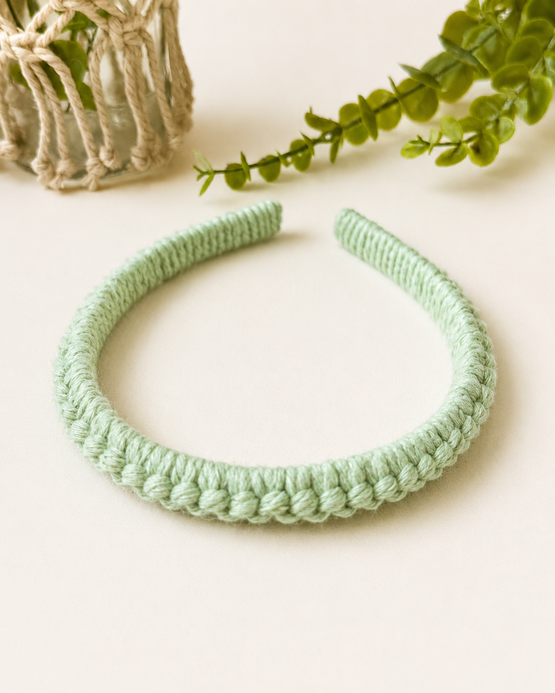 Mint green cotton macramé headband handmade in the UK.