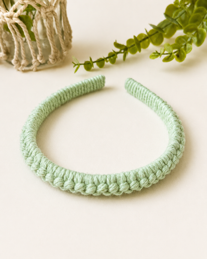 Mint green cotton macramé headband handmade in the UK.