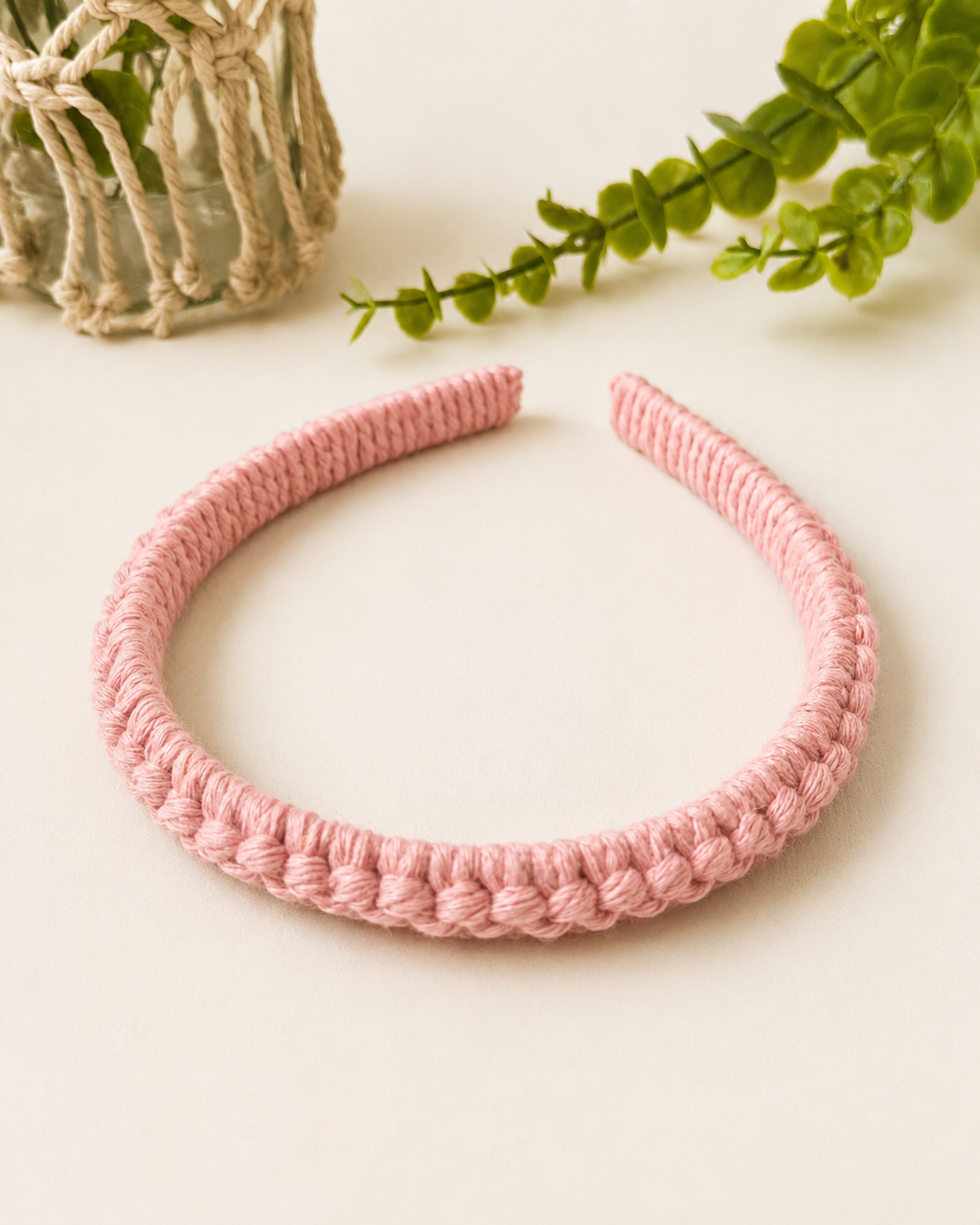 Light pink handmade cotton macramé headband.