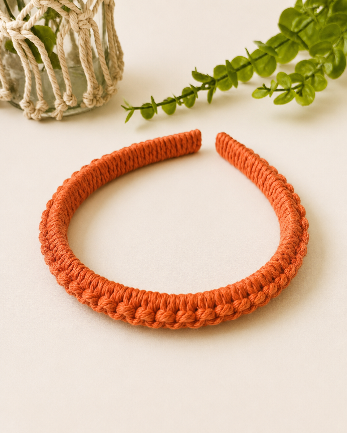 Terracotta handmade macramé headband for women made with cotton cord.