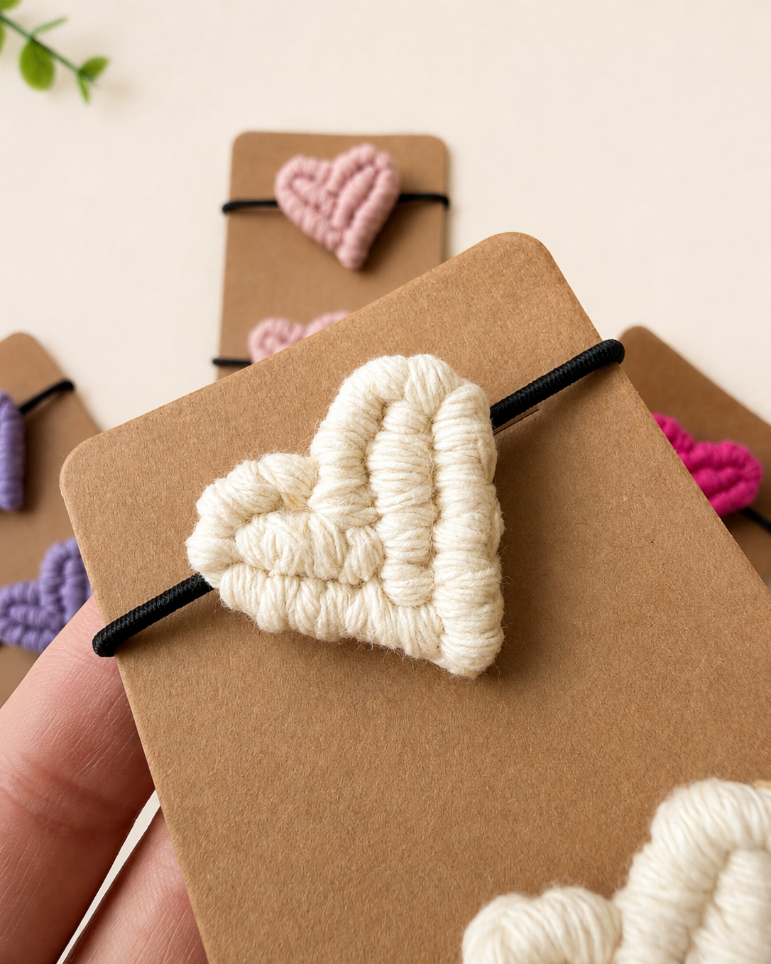 Close-up of handmade cotton macrame heart hair ties showing intricate knot details.