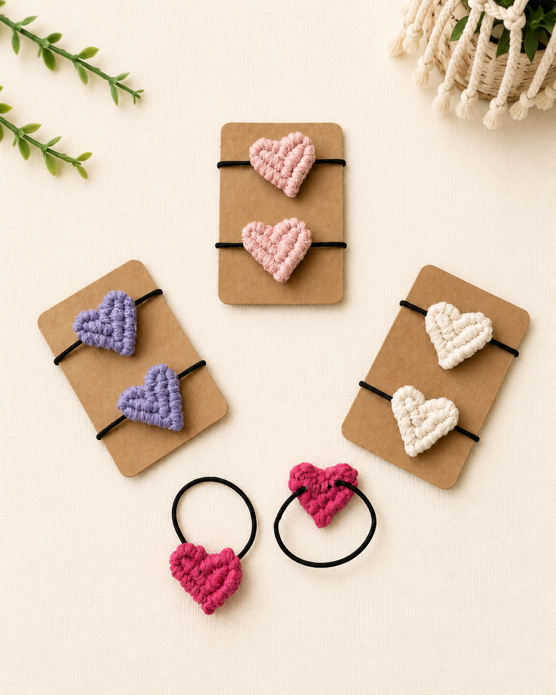 Handmade macrame heart hair ties available in hot pink, blush pink, lilac and off white.