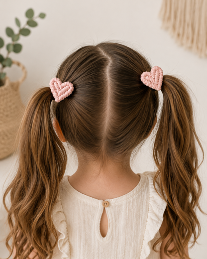 Girl wearing handmade blush pink macrame heart hair ties in two high ponytails.