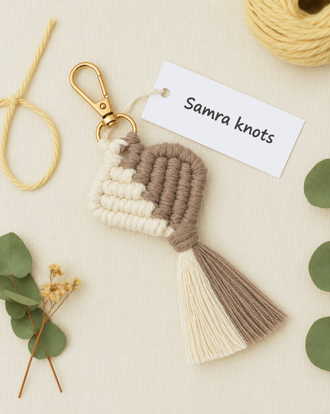 A handmade macrame keychain with a gold clasp, featuring cream and taupe woven cords and a tassel, displayed on a textured cream background with decorative eucalyptus leaves, a spool of yellow cord, and a paper tag reading 'Samra knots'.