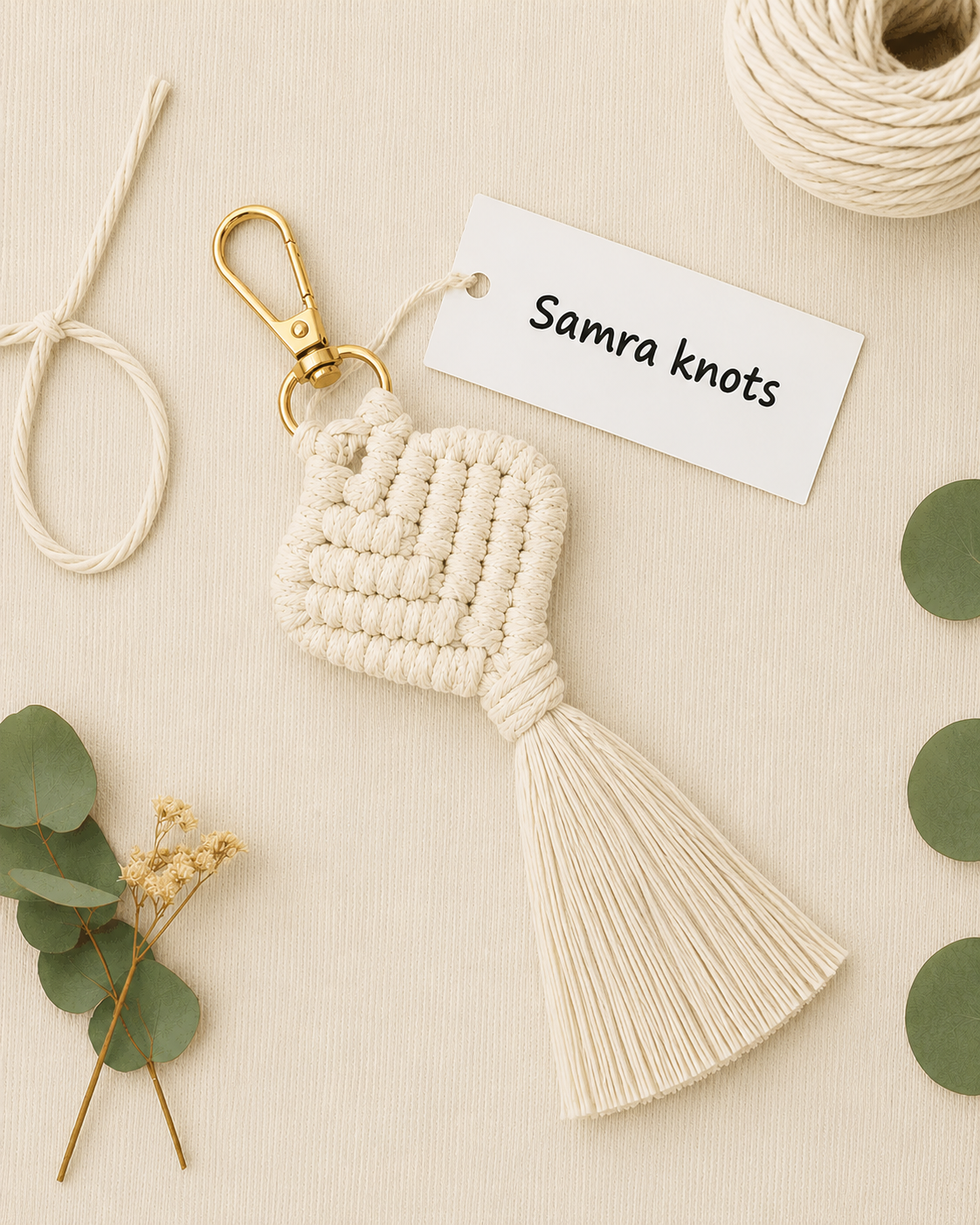 A cream macrame tassel keychain with a gold-tone lobster clasp, displayed on a textured beige fabric background with eucalyptus leaves, a spool of cord, and a paper tag reading 'Samra knots'.