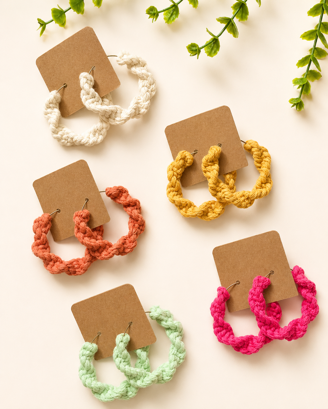 Macramé hoop earrings available in multiple colours including mustard, terracotta, off-white, fuchsia pink and mint green