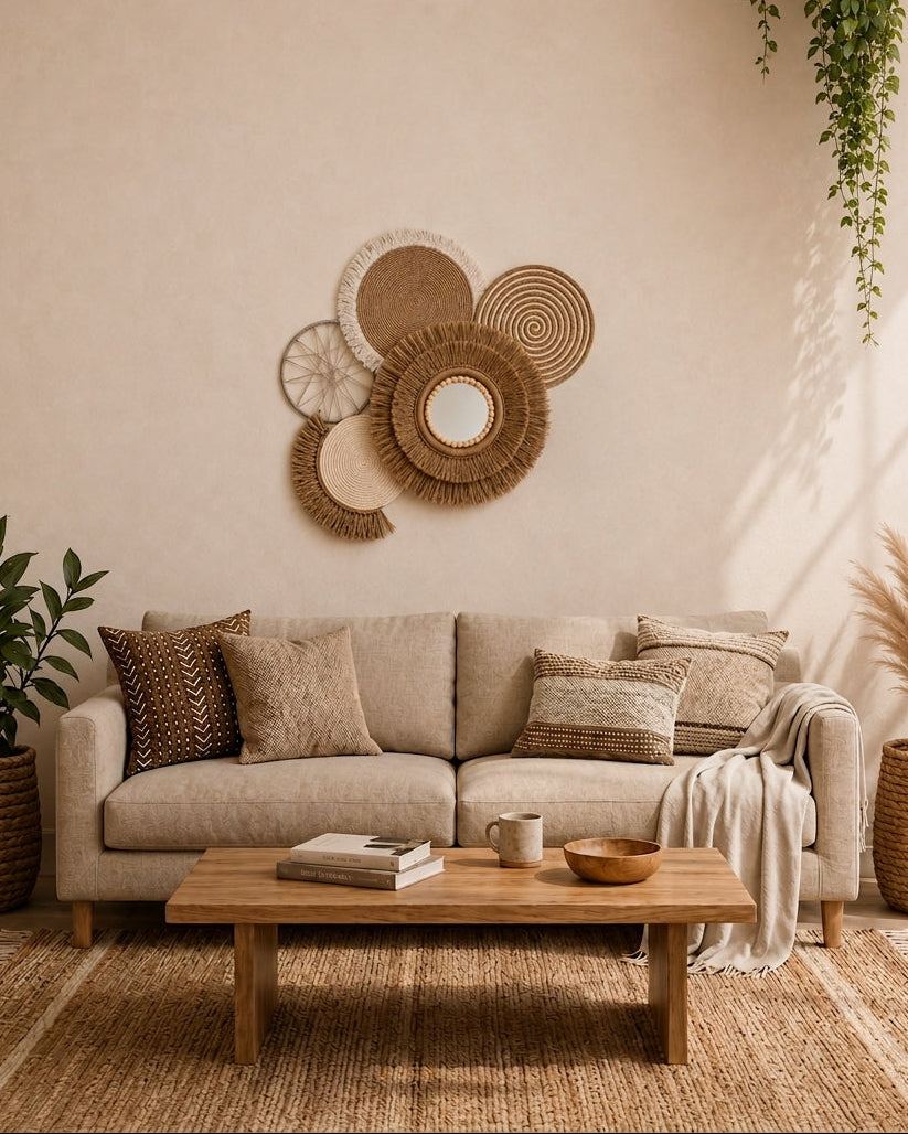 Handmade jute and cotton wall decor set with mirror displayed above a neutral boho living room sofa.