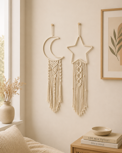 Matching handmade macrame moon and star wall hanging set displayed together on a warm neutral wall in a boho home.