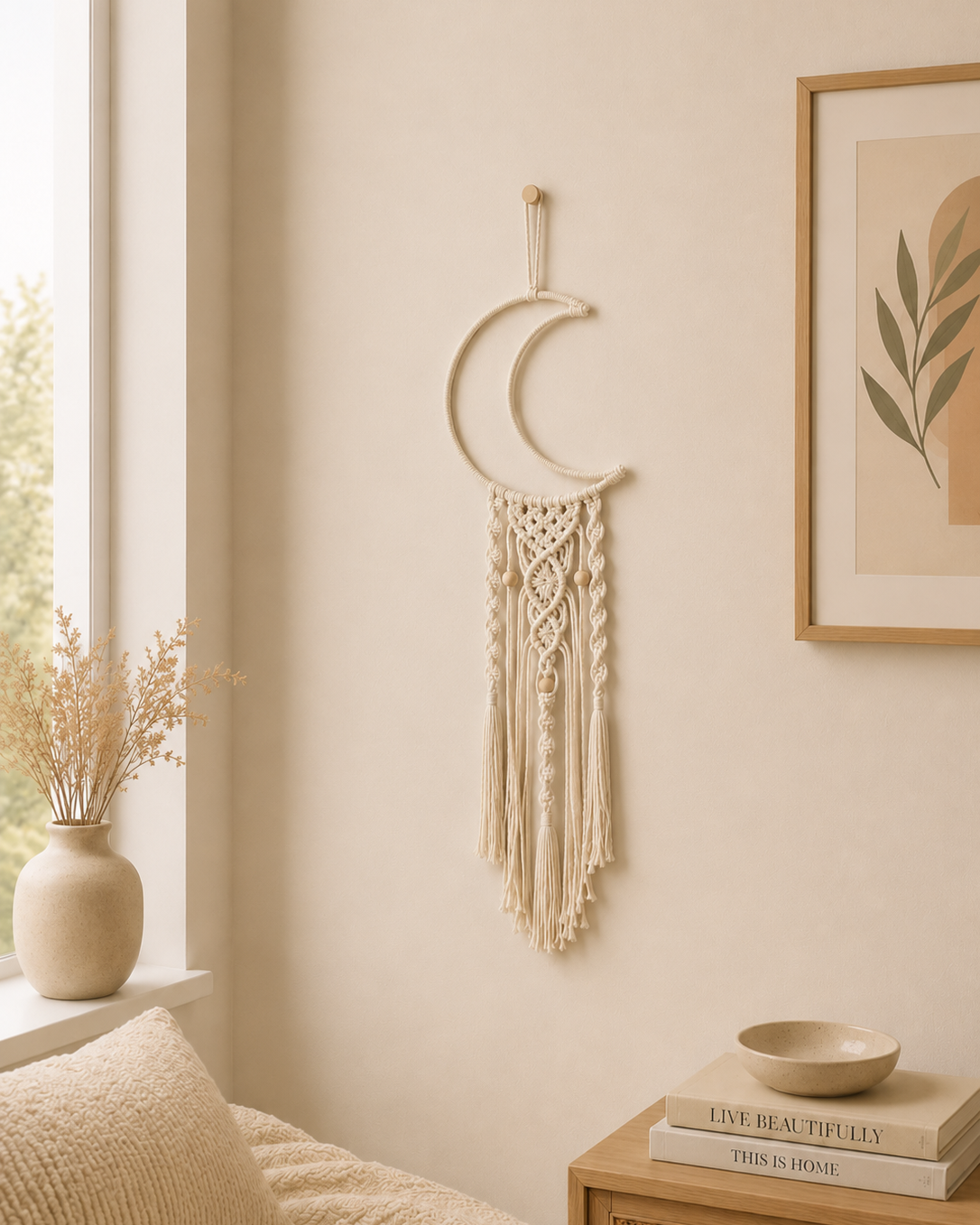Handmade macrame crescent moon wall hanging displayed on a neutral bedroom wall in a cosy boho interior.