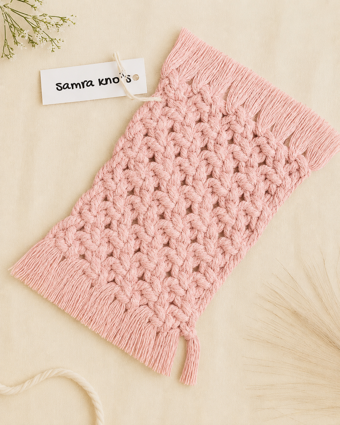 A light pink chunky knit sleeve with a textured cable pattern and ribbed cuffs, laid flat on a beige background with a white brand tag reading 'Samra kno's'.
