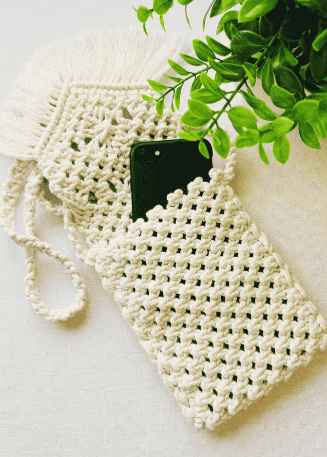 Macramé phone bag with phone inside – handmade off-white cotton pouch with boho fringe