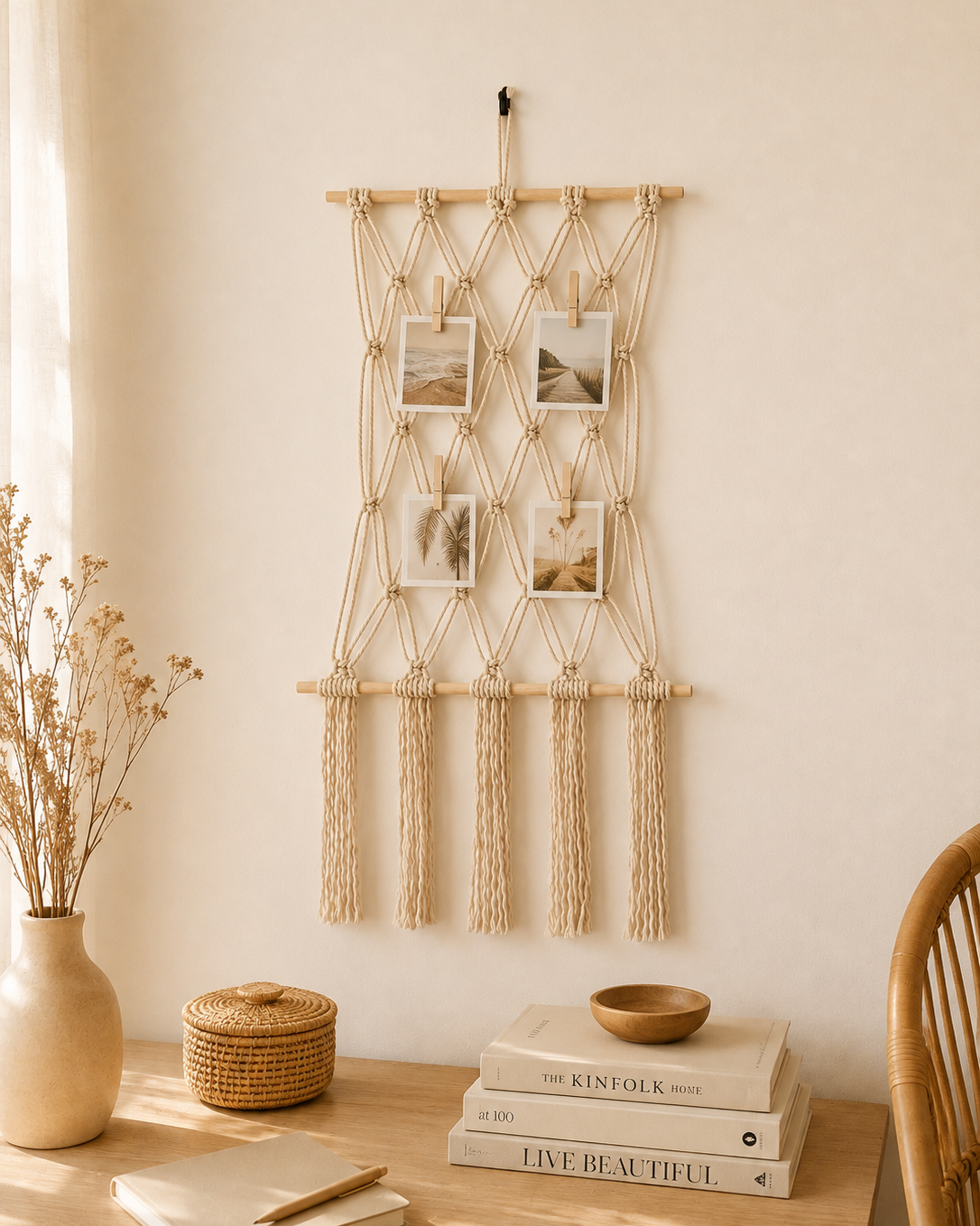 Macrame photo holder displayed with photos in a warm boho interior
