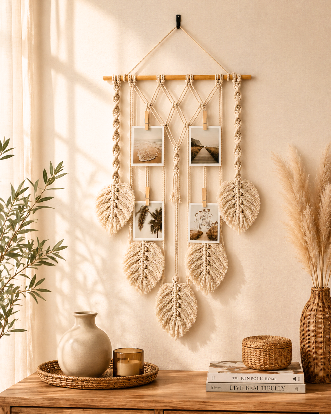 Macrame photo holder with leaves and photos styled in a neutral boho interior