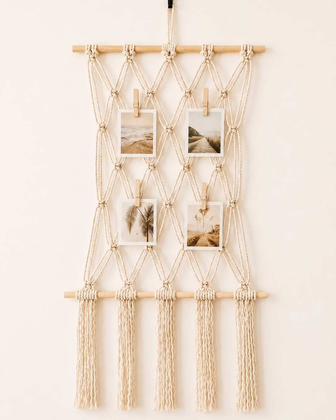 Handmade macrame photo holder wall display with four photos on an off-white background