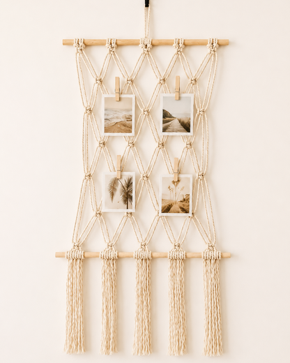 Handmade macrame photo holder wall display with four photos on an off-white background