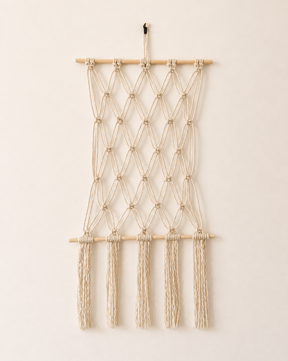 Handmade macrame photo holder wall display with wooden dowels and long fringe
