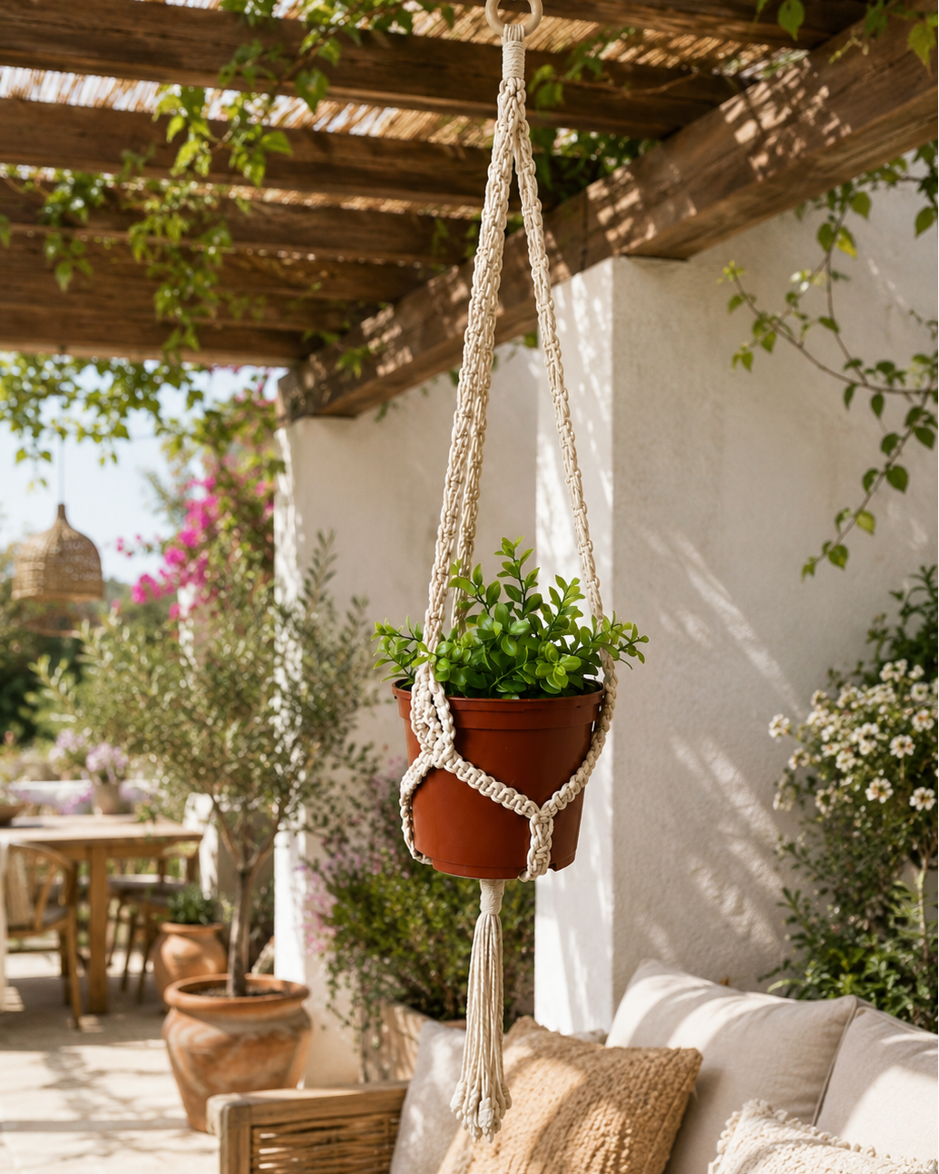 Macrame plant hanger displayed on a covered patio pergola with green plant