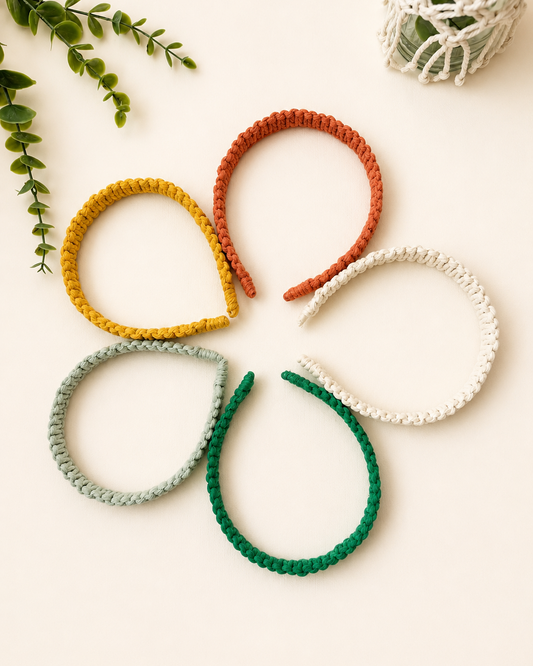 Handmade macrame square knot headbands available in off white, mustard, terracotta, mint green and emerald green.